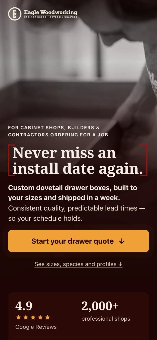 Eagle Woodworking mobile landing page