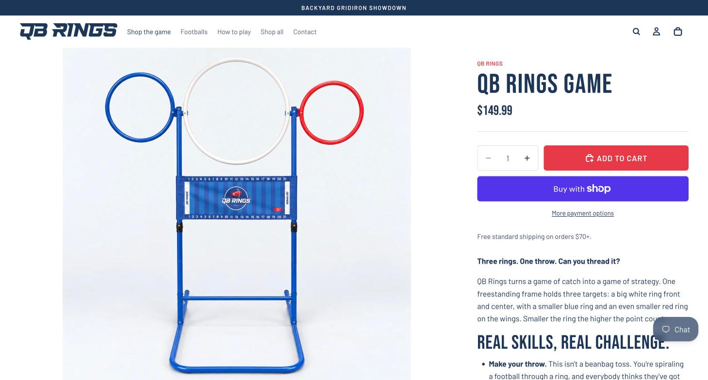 QB Rings product page with ring game, price and Add to cart