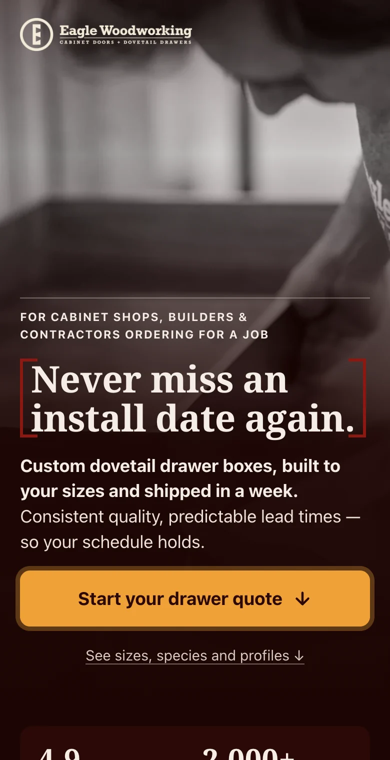Eagle Woodworking landing page: Mobile Drawer Ordering