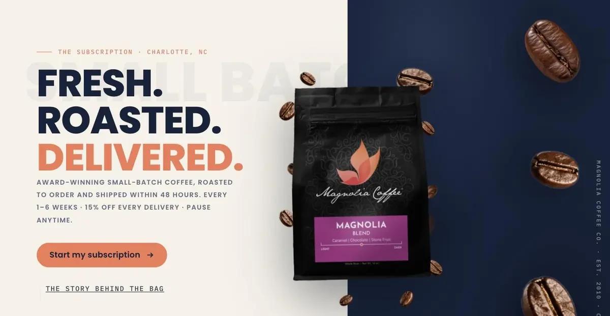 Magnolia Coffee Co. landing page: Farm-to-Cup Subscription Story