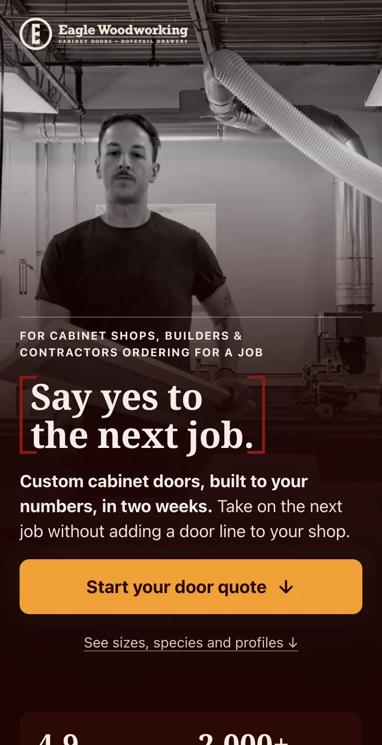 Eagle Woodworking landing page: Mobile Door Ordering